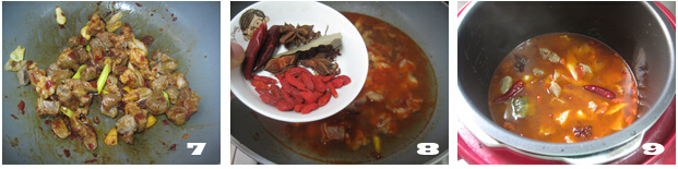 红焖<a href=/shicai/rouqin/YangRou/index.html target=_blank><u>羊肉</u></a>步骤7-9