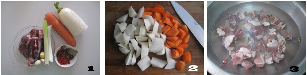 红焖<a href=/shicai/rouqin/YangRou/index.html target=_blank><u>羊肉</u></a>步骤1-3