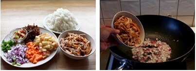 <a href=/shicai/guopin/PingGuo/index.html target=_blank><u>苹果</u></a>鸡丝炒饭步骤1-2